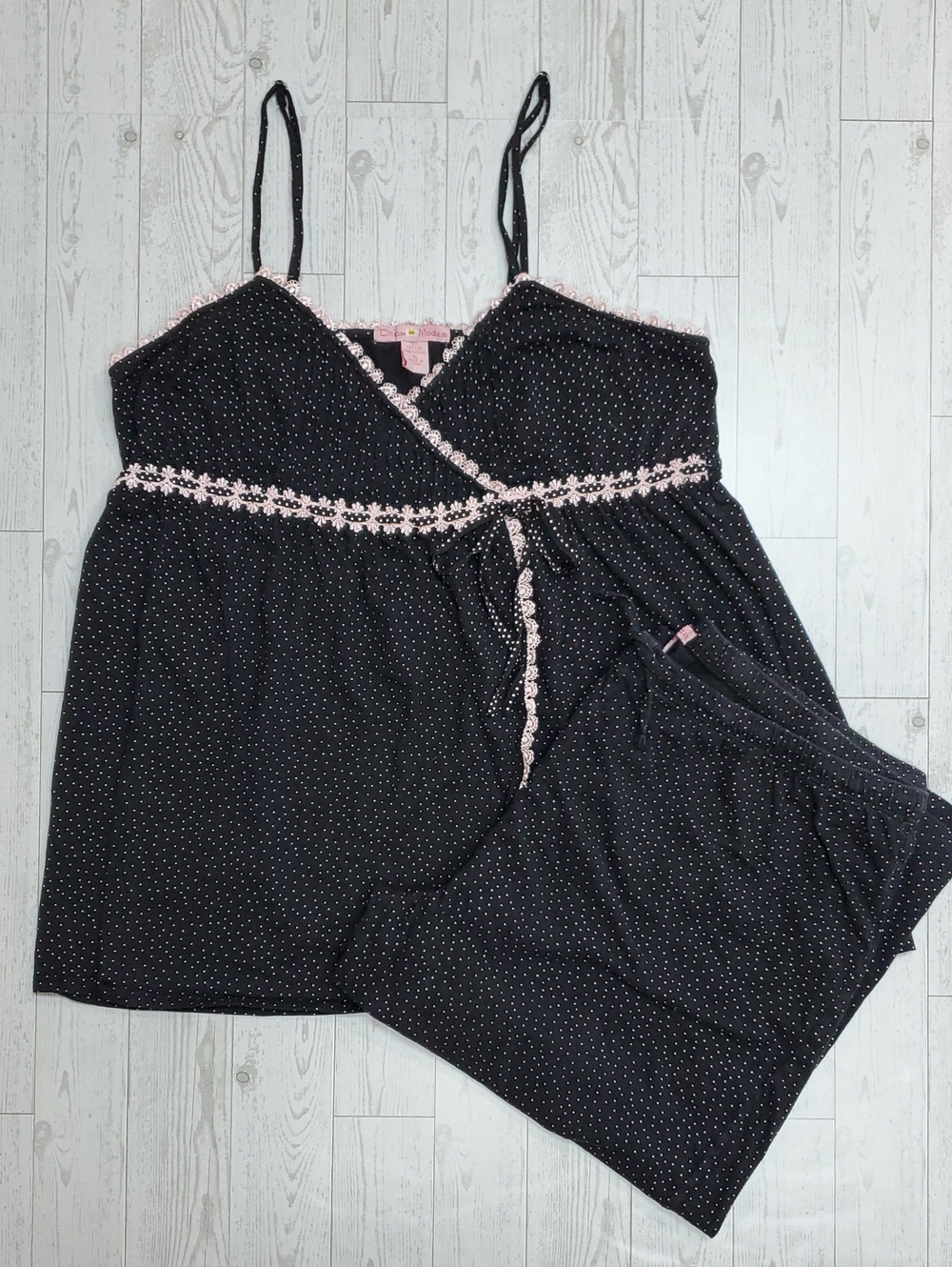 Dream Modes Black & Pink Polka Dot Cami & Capri Pant Pajama PJ Sleep 2pc Set